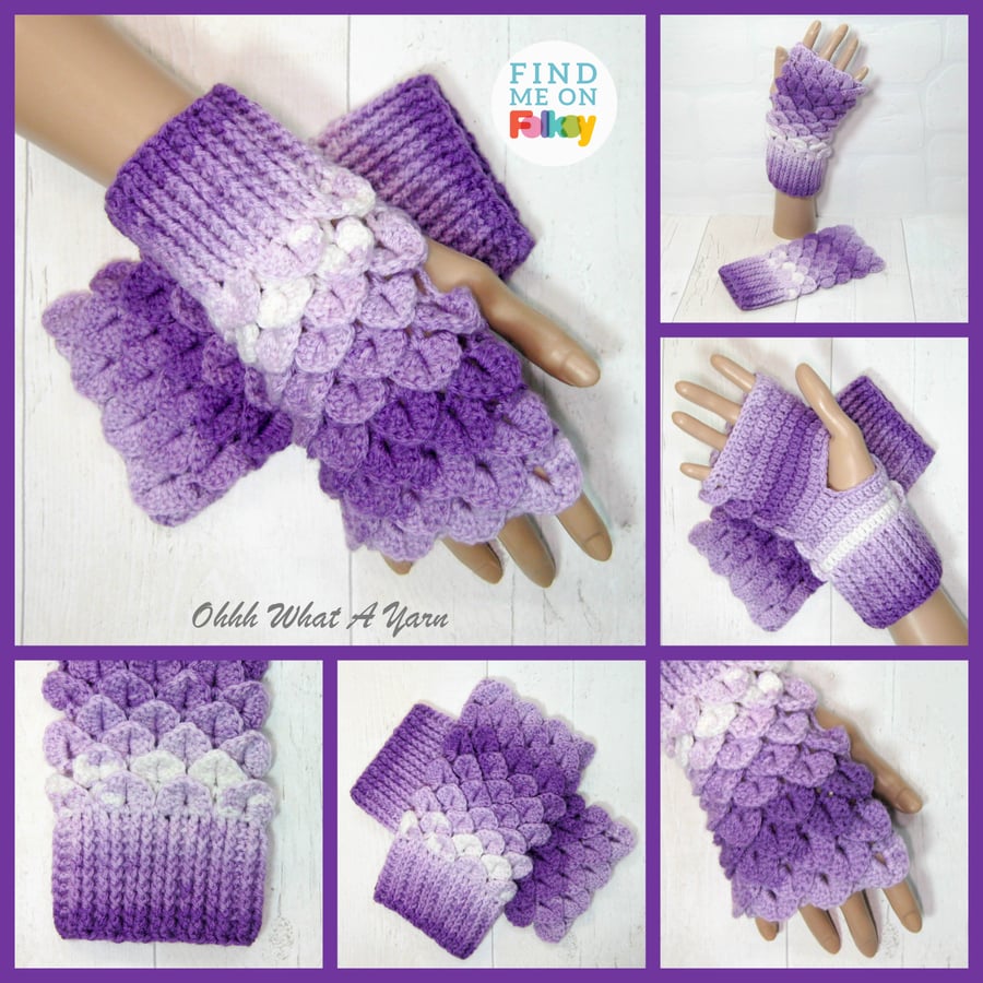 Lilac and purple dragon scale gloves. Fingerless gloves. Crocodile stitch. 