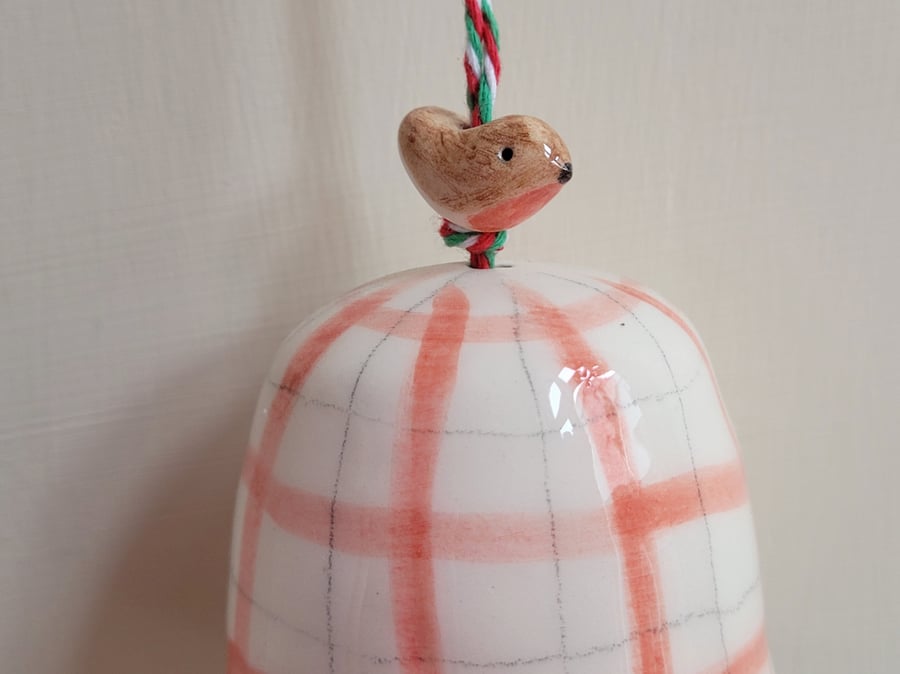 ceramic red gingham bell with small robin Handmade pottery tree decor