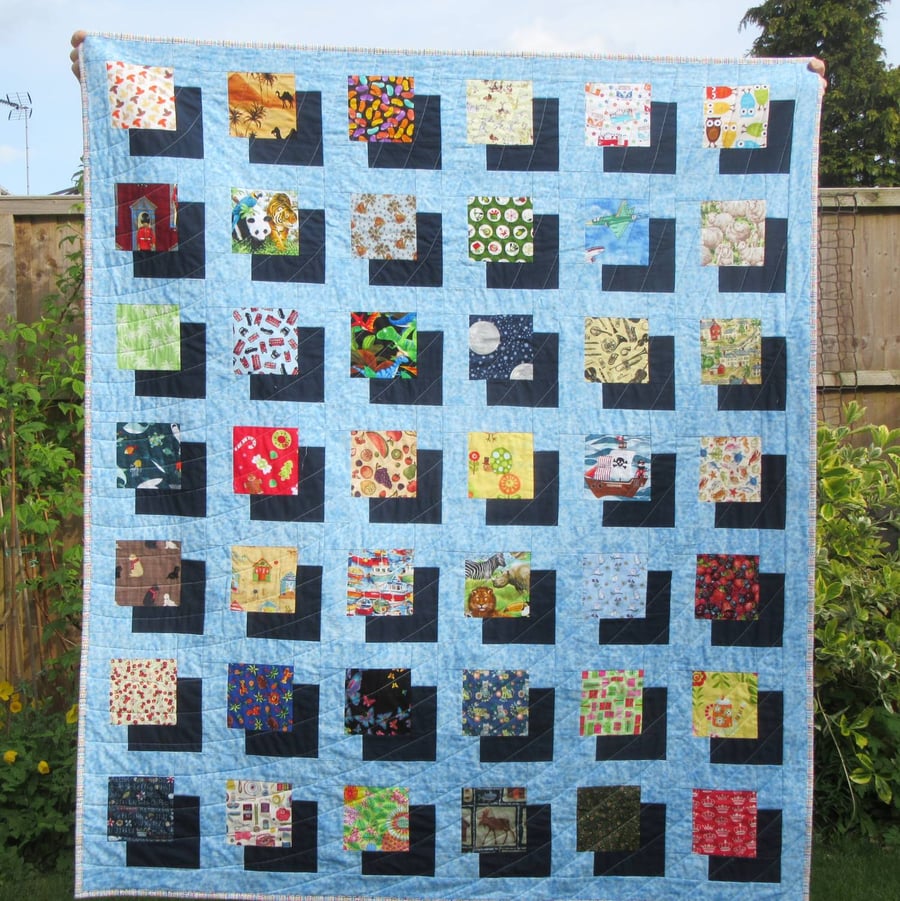 Blue I-Spy Game Patchwork Quilt