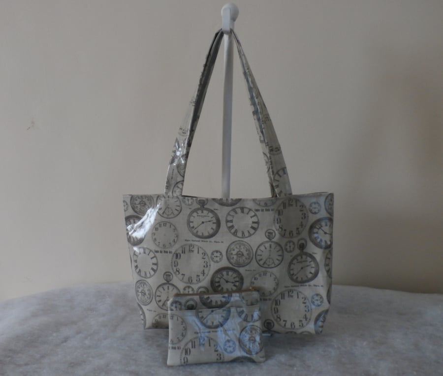 Grey shoulder bag in vintage clock pvc fabric with matching zip purse 