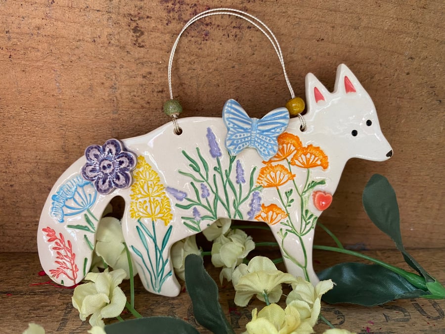 Ceramic fox decoration blue butterfly