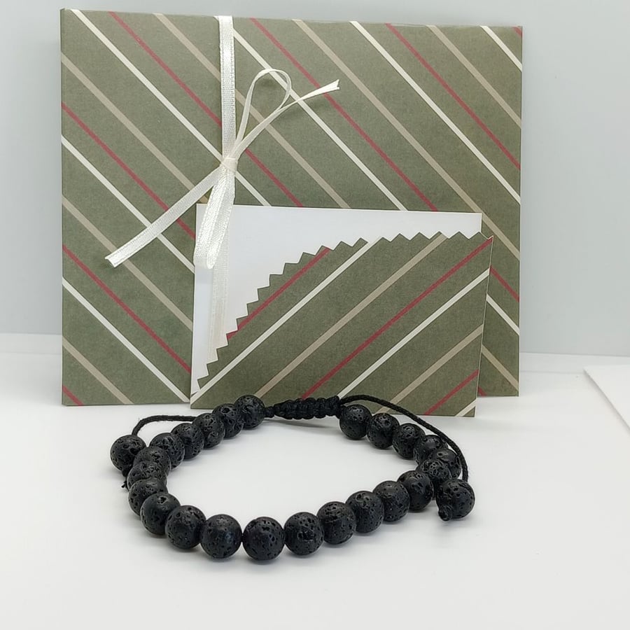 Adjustable corded bracelet black lava bead gift for him ready to post