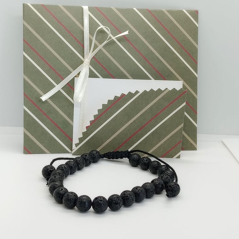 Adjustable corded bracelet black lava bead gift for him ready to post