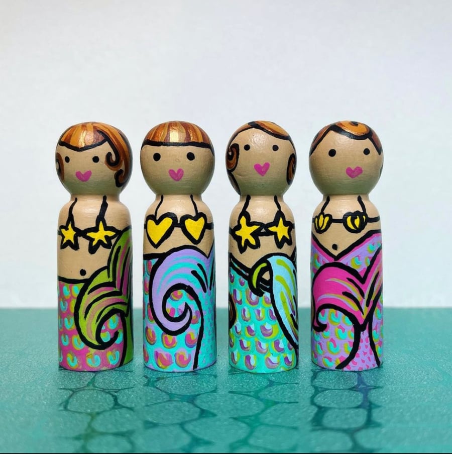 Set of 4 colourful tailed Mermaid Peg Doll orna... - Folksy