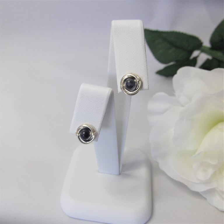 Sodalite gemstone Russian wedding ring style stud earrings with recycled silver 