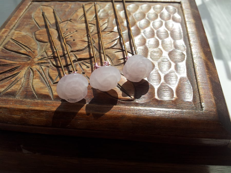 3 Rose Quartz Carved Roses on Hair Pins