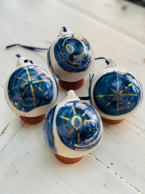 Set of four Blue and Gold ceramic bauble