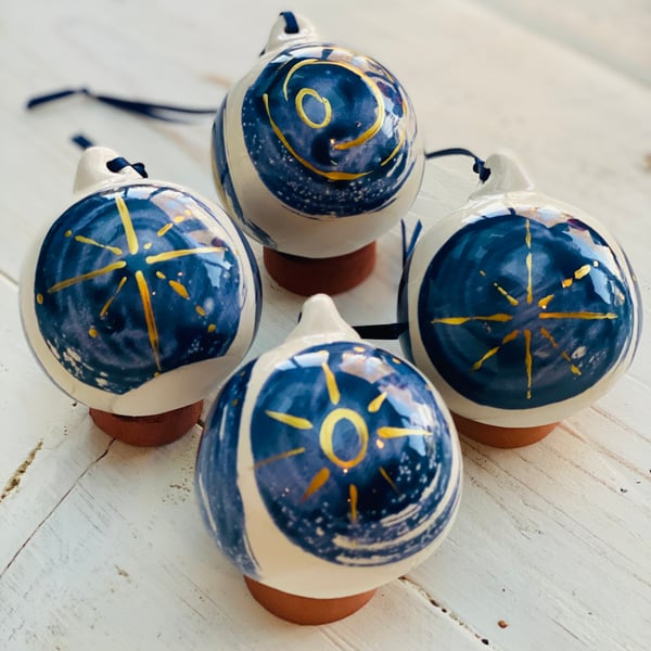 Set of four Blue and Gold ceramic bauble