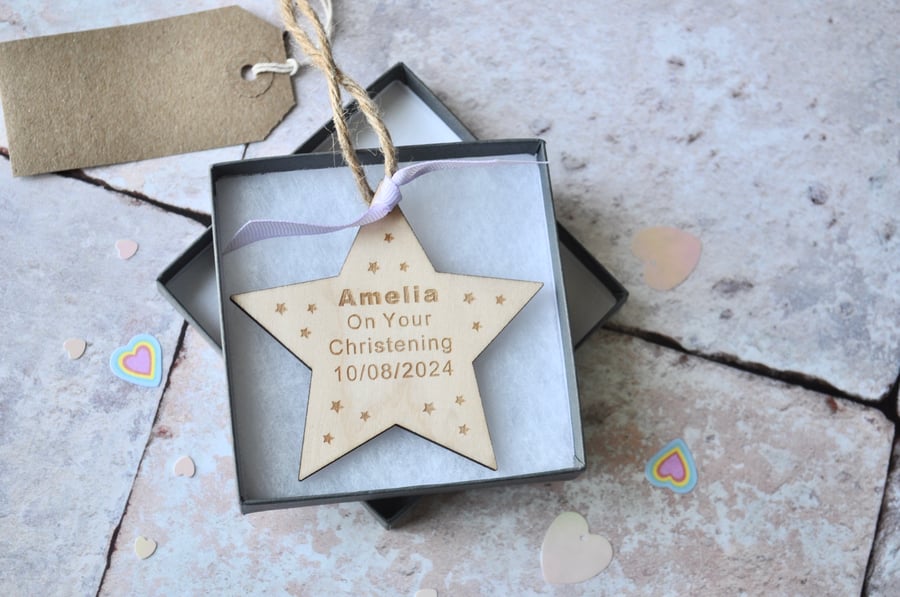 Personalised Christening Wooden Star Decoration