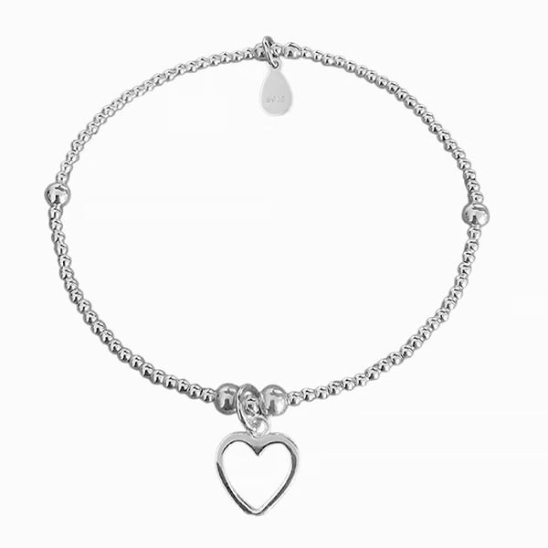 Sterling Silver Open Heart Charm Stretch Bracelet 925