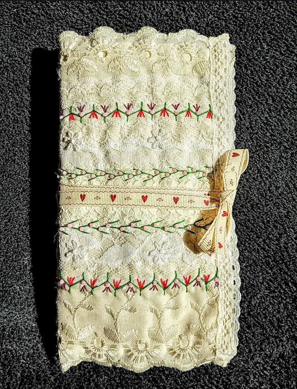 Hand Embroidered Vintage Lace Needle Case, Sewing case