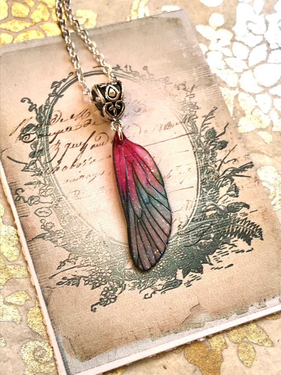 Pink and Green Fairy Wing Necklace