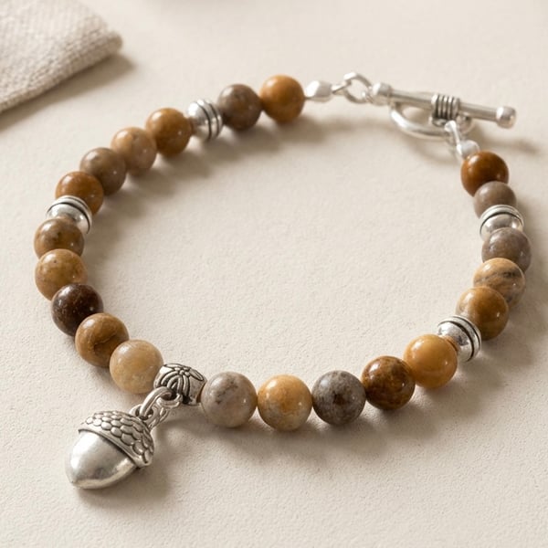 Natural Stone Jasper Bracelet with Acorn Charm