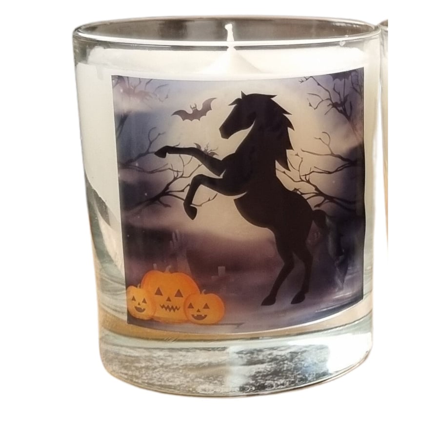 Scented Candle in Glass Rearing Horse Halloween Design 6 Fragrances Wax Blend