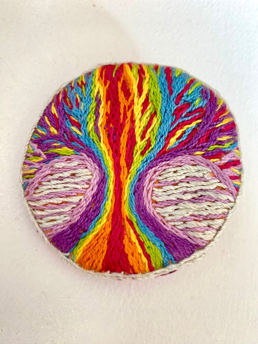 Hand embroidered rainbow tree of life brooch 