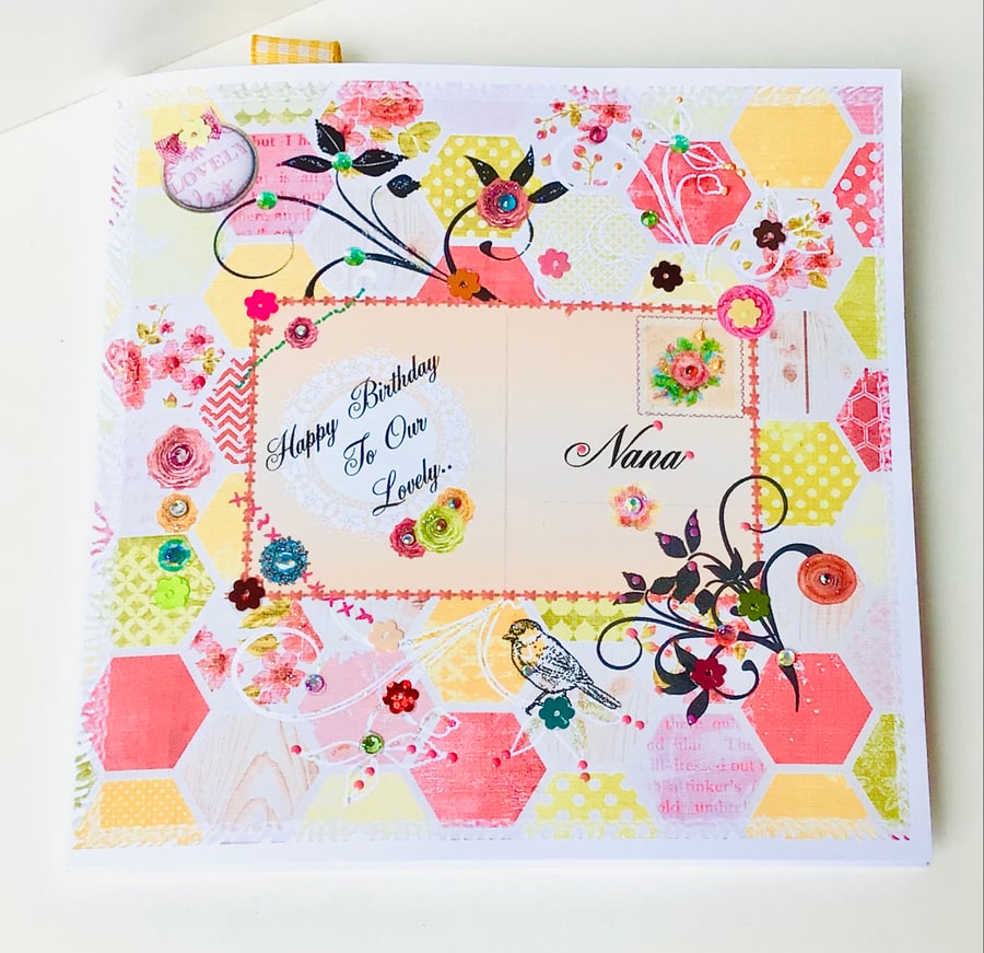 Birthday Card Nana,Printed Patchwork Design,Handfinished Can Be Personalised 