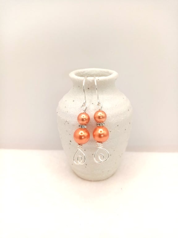Glass Pearl Dangle Earrings, Love Heart Earrings, Gifts for her 