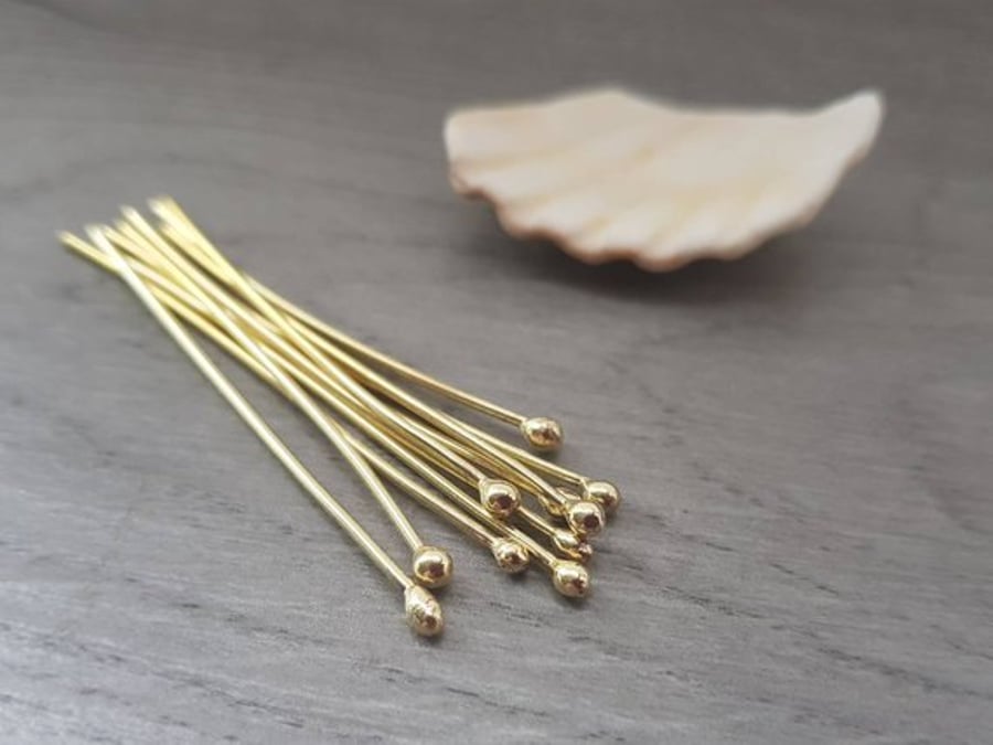 18 Gauge (1.0mm) Solid Brass Headpins - 10 Pieces - 2 Inch Length