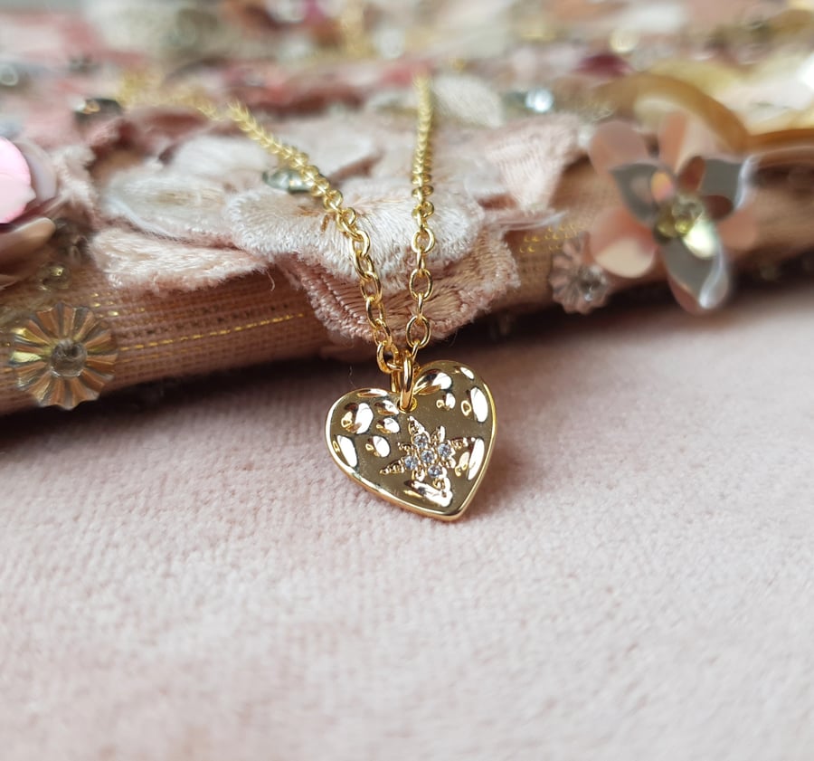 Heart Charm Necklace with CZ Pave Detailing - Dainty Cable Chain - Gold
