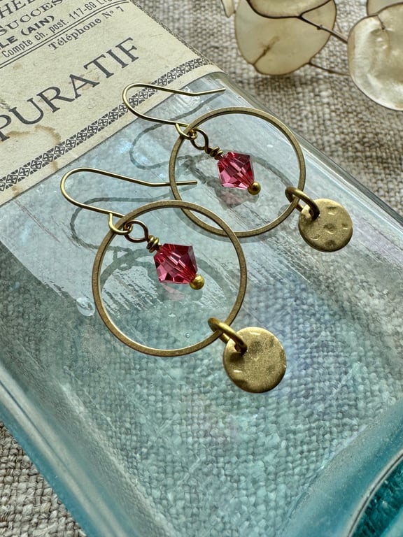 Golden Brass Hoop Earrings With Pink Crystals Handmade in Cornwall 