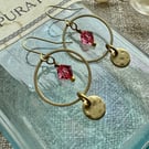 Golden Brass Hoop Earrings With Pink Crystals Handmade in Cornwall 