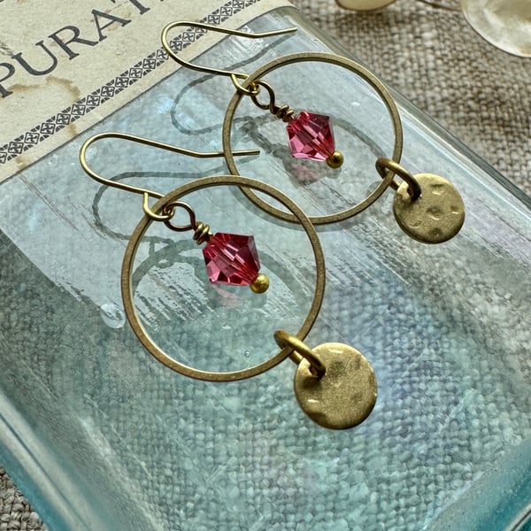 Golden Brass Hoop Earrings With Pink Crystals Handmade in Cornwall 