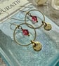 Golden Brass Hoop Earrings With Pink Crystals Handmade in Cornwall 