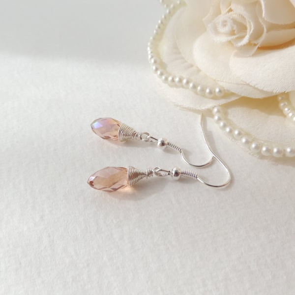 Peach Crystal Silver Earrings, Short Dangle Earrings