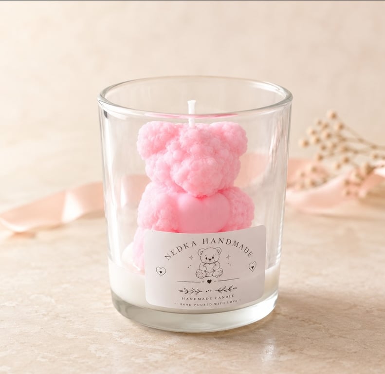 Handmade Pink Teddy Bear Candle in Glass Jar - Cute Gift