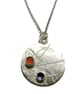 rose cut carnelian and iolite on roller printed sterling silver disc pendant