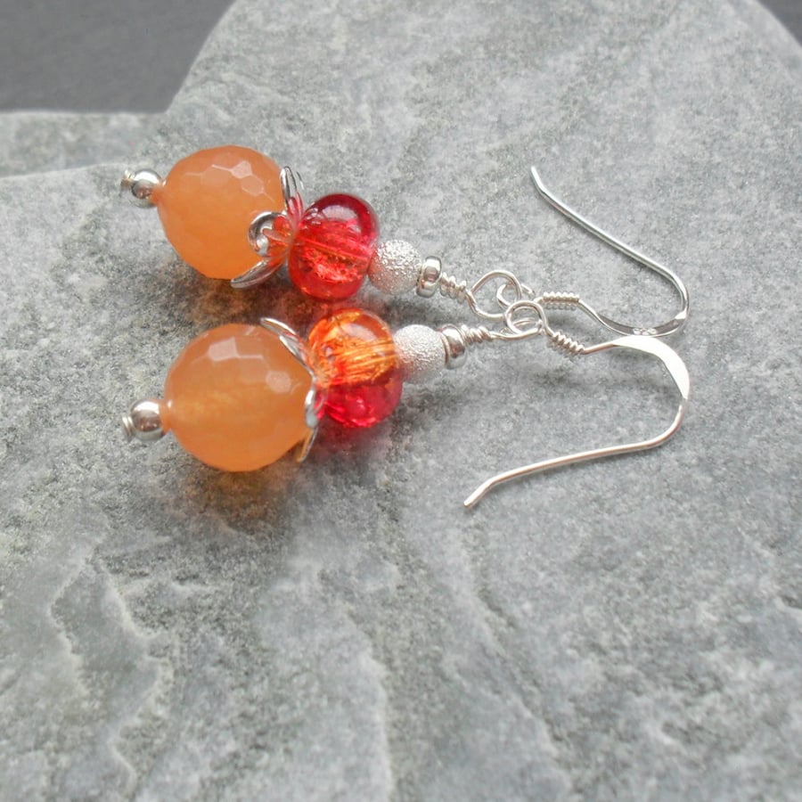 Orange and Red Quartz With Orange Agate Sterling Silver Drop Earrings