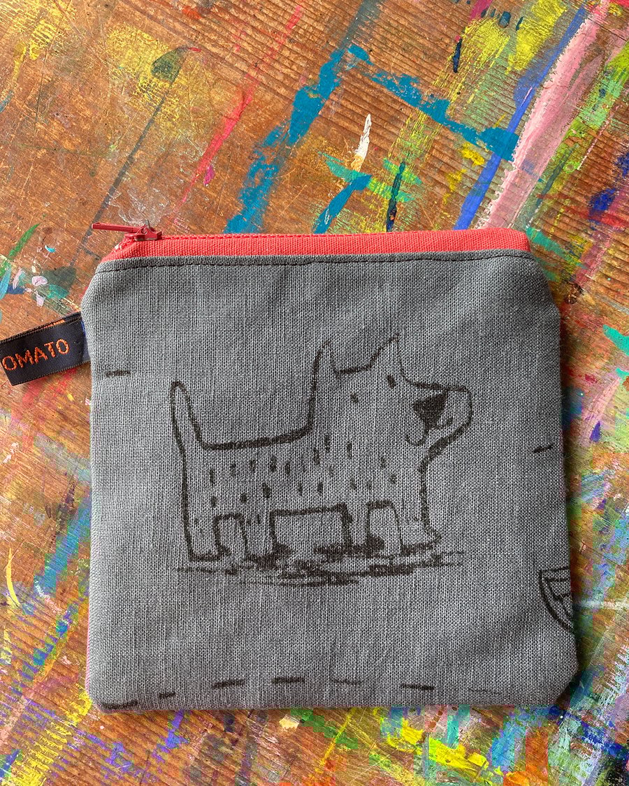 Small Grey linen purse with handprinted dogs by Jo Brown