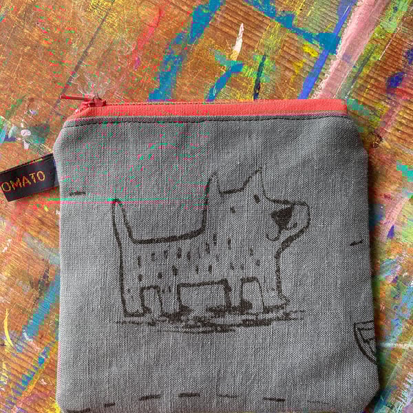 Small Grey linen purse with handprinted dogs by Jo Brown