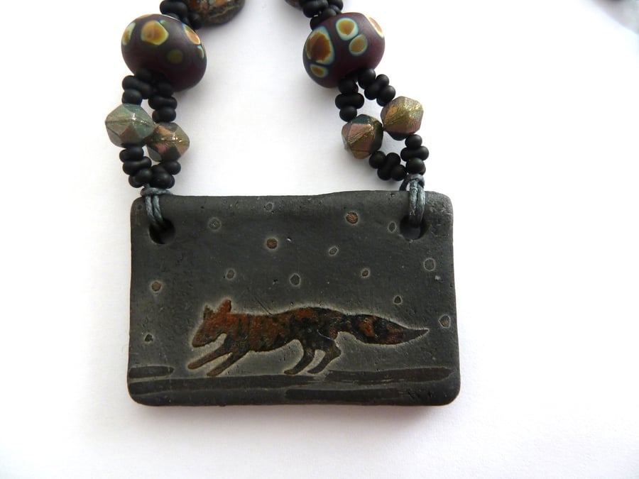 fox lampwork and ceramic necklace