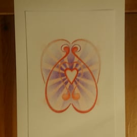 Heart pencil drawing in pink red purple, original art in a white frame
