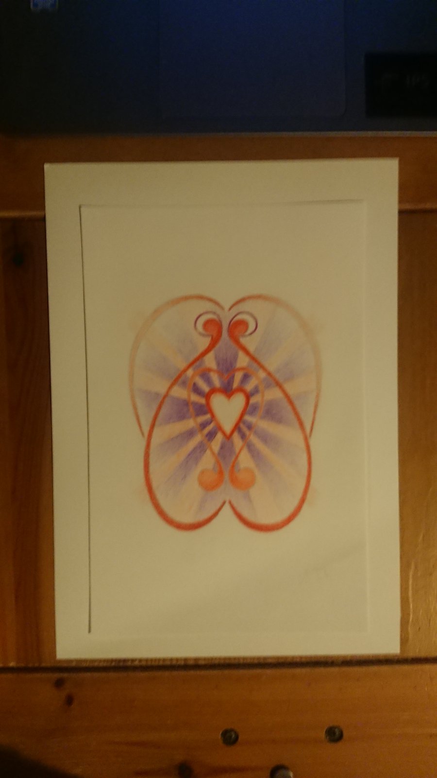 Heart pencil drawing in pink red purple, original art in a white frame