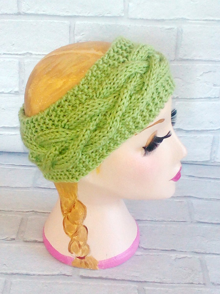 Apple Green Knitted Headband Ear, Cable Adult Warmer Chunky Knit Hairband