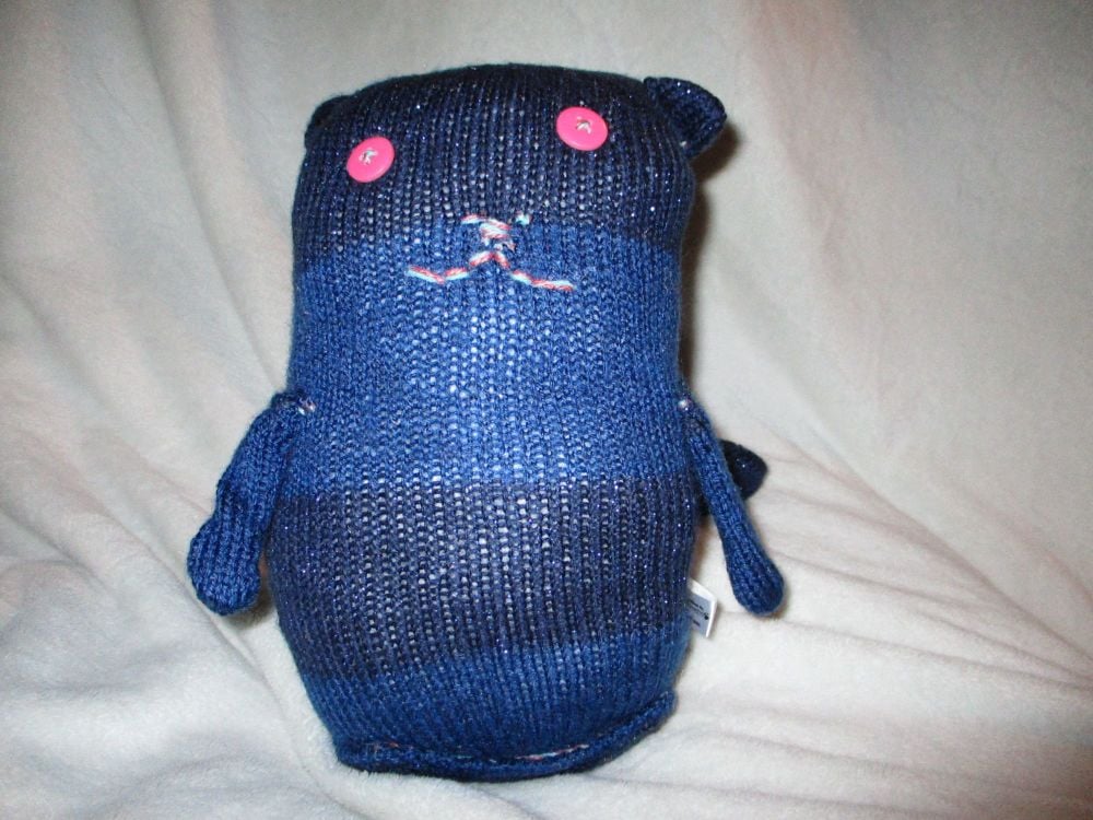 Squashier Dual Blue Glittery Giant Cat Soft Toy - Pink Button Eyes Knitted By KM