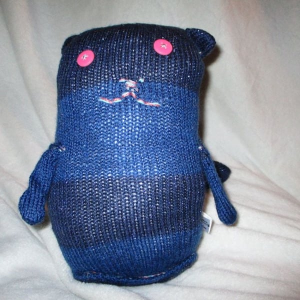 Squashier Dual Blue Glittery Giant Cat Soft Toy - Pink Button Eyes Knitted By KM