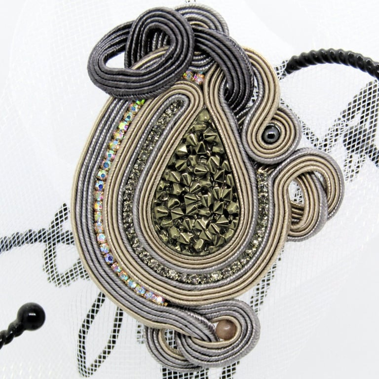 Grey Soutache Brooch Hematite Druzy Large Statement Handmade Brooch