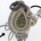 Grey Soutache Brooch Hematite Druzy Large Statement Handmade Brooch