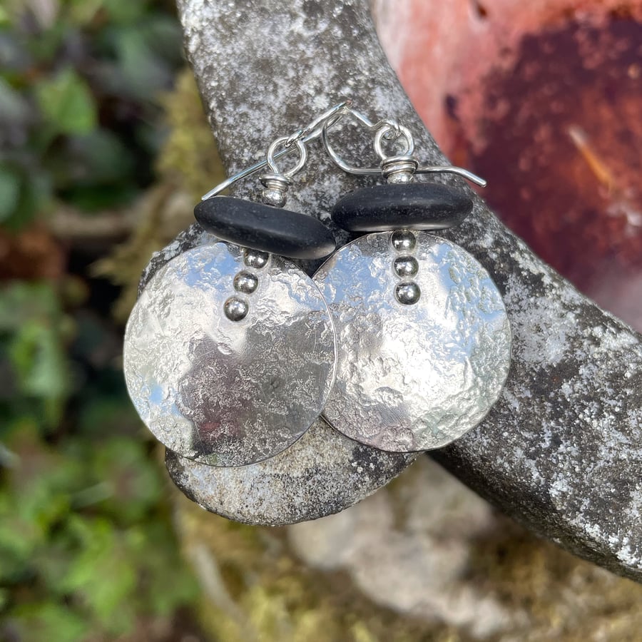 Large round silver and matte black agate bead earrings 