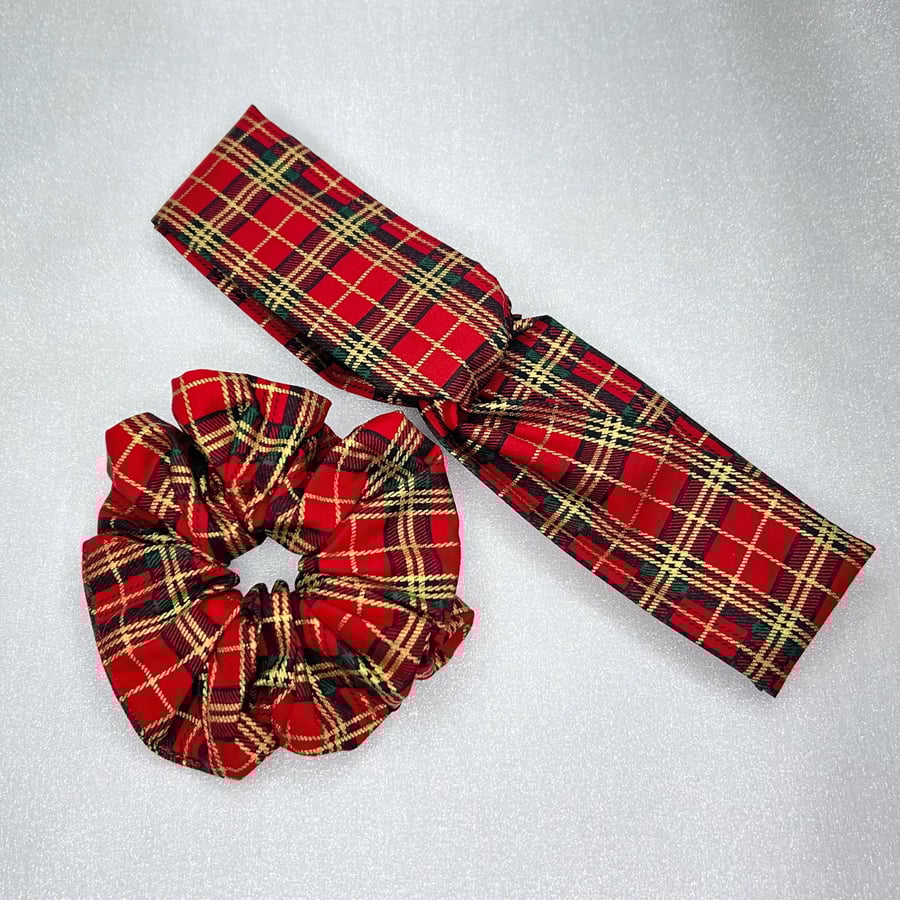 Christmas Scrunchies & Headbands, Gold & Red Tartan Hair Accessories