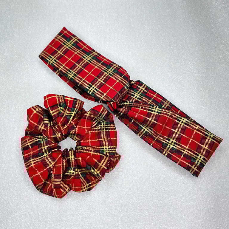 Christmas Scrunchies & Headbands, Gold & Red Tartan Hair Accessories
