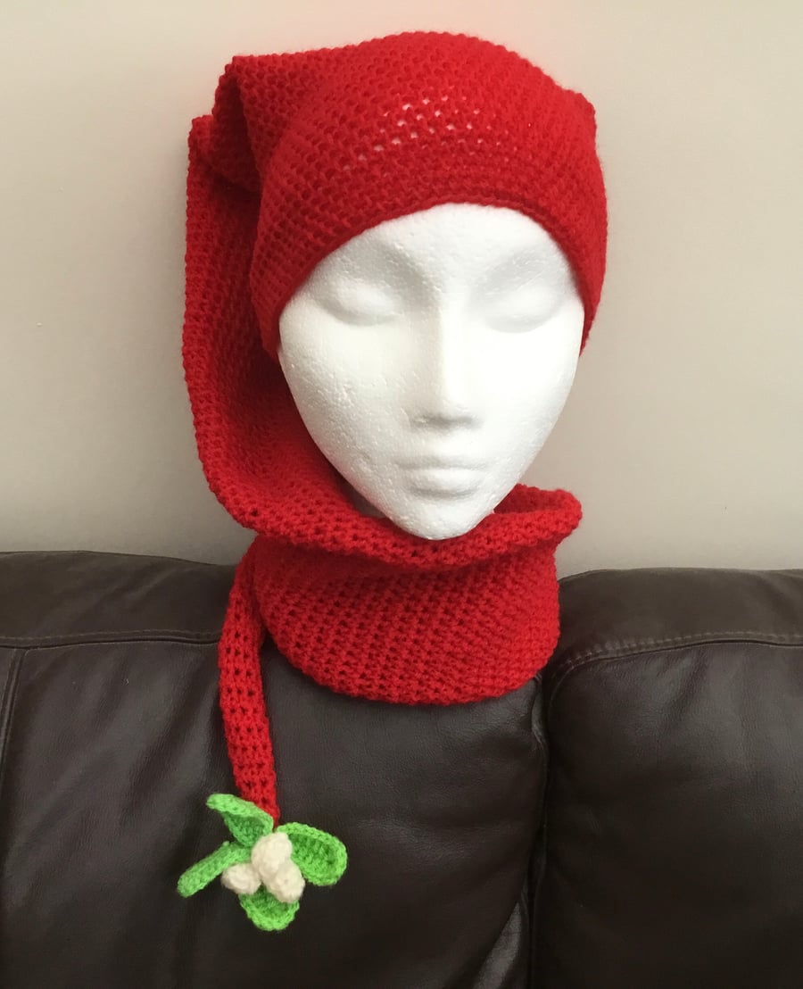 Mistletoe Long Festive Crocheted Hat and Scarf Combined! 