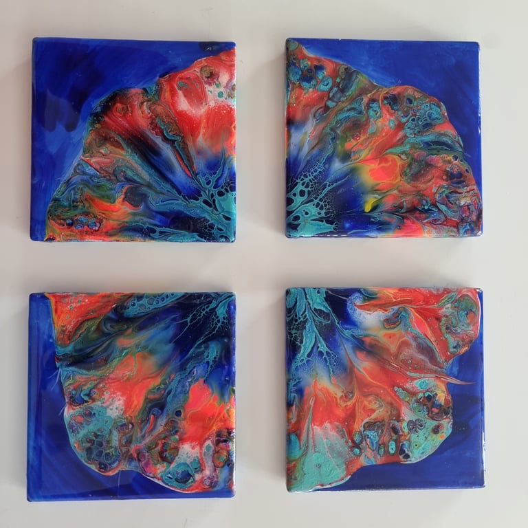 (29) Quadtych consisting of Four Square Ceramic Coasters with a Blue theme