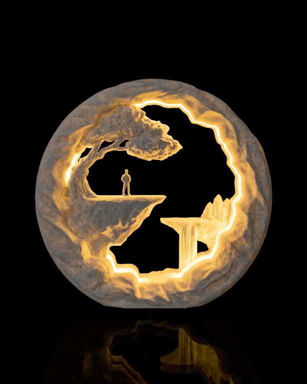 The Wanderer Table Lamp – 3D Printed Fantasy Landscape Light – Warm Ambient
