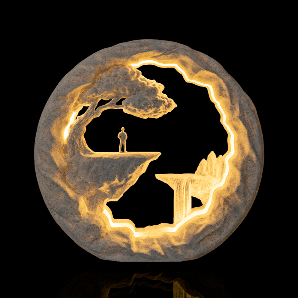 The Wanderer Table Lamp – 3D Printed Fantasy Landscape Light – Warm Ambient