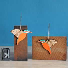 Little Hand Painted Wooden Kingfisher Drop Earrings