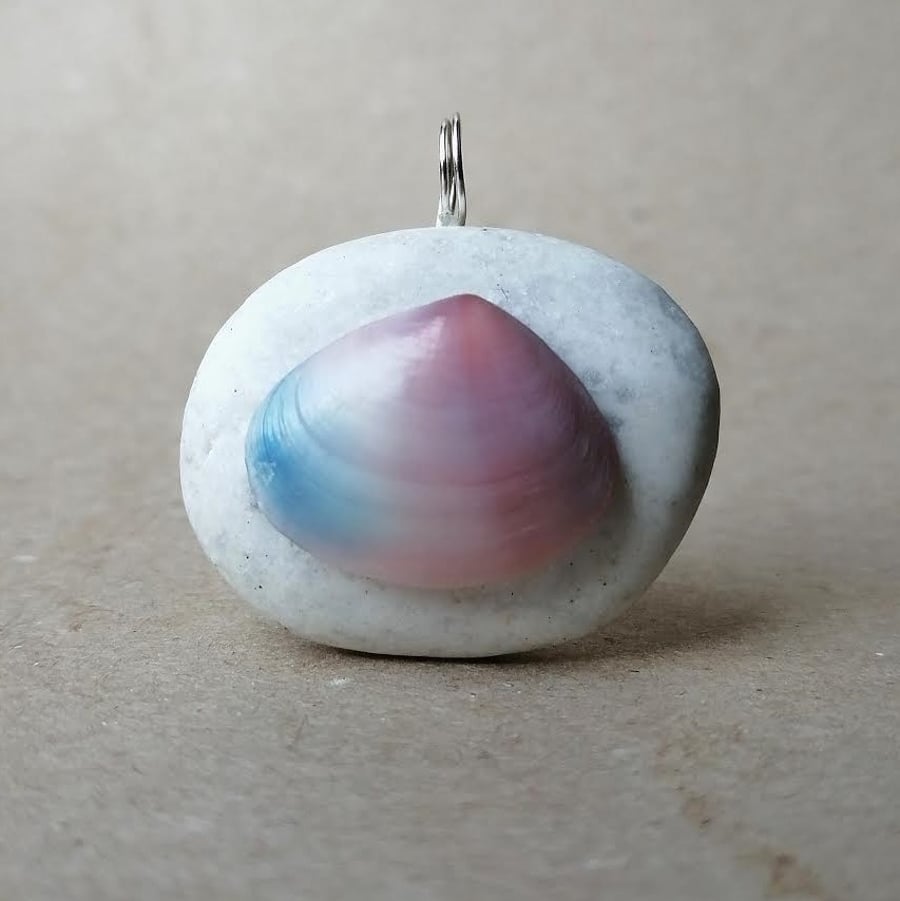 Pendant - blue and pink sea shell on white beach pebble necklace pendant
